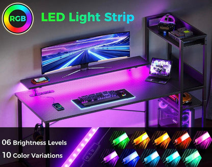 Gaming Desk with Power Outlets & Music Strip Lights,47In Reversible Computer Desk with Storages Shelves,Wooden Drawer& CPU Stand, PC Laptop Table with Large Monitor Stand for Home Office