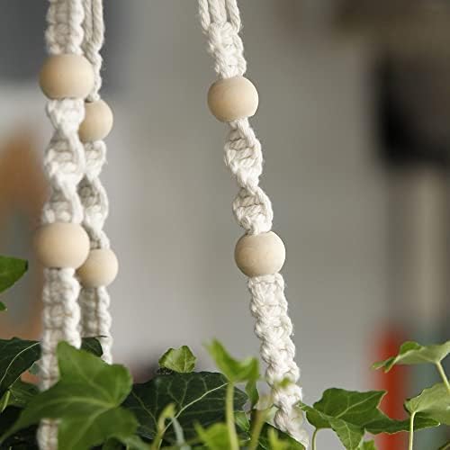 32inch Macrame Plant Holder,Indoor Hanging Planters with Wood Beads No Tassels Boho Home Decor (Ivory)