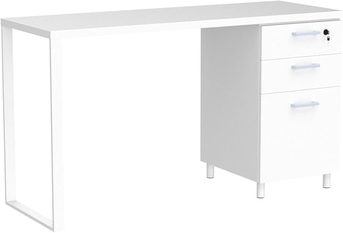 Milano Home Office Desk - 47 Inch White/White Home Office Desk with Drawers - Modern Computer Desk with Storage, Detachable & Lockable Computer Cabinet - Wooden Office, Study, and Writing Table