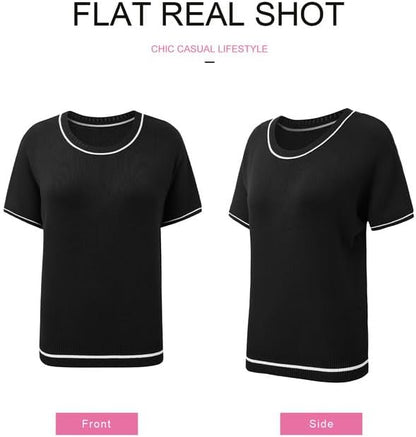 SHEWIN Womens Tops Trendy Short Sleeve Shirts Crewneck Lightweight Knit Sweater Top Business Casual Outfits