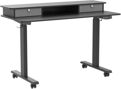 BANTI 48x24 Inch Electric Standing Desk with Double Drawers, Adjustable Height Stand Up Desk, Sit Stand Home Office Desk with Storage Shelf, Black Top