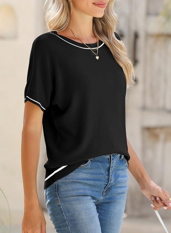 SHEWIN Womens Tops Trendy Short Sleeve Shirts Crewneck Lightweight Knit Sweater Top Business Casual Outfits