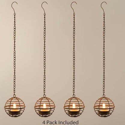 Solar Hanging Lanterns Outdoor Waterproof, Rust Iron Ball Candle Holder with Flickering Solar Powered Tea Lights, Perfect Chargeable Solar Lights for Backyard Patio Garden Fence Tree Decoration-4Pack