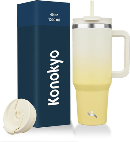 Konokyo 40 oz Insulated Tumbler Water Bottle with Handle, Straw Lid | BPA-free and dishwasher safe; made for gym, travel, coffee and gifting, 2 straws, cup holder friendly,Lemon
