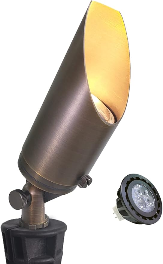 MALORY Brass Landscape Spotlight 1-Pack with 5W LED MR16 Bulb Kit(S03), 12V AC/DC Low Voltage Outdoor Landscape Lighting Shroud Adjustable,Ground Stake and Wire Connector Included,2700K Warm White