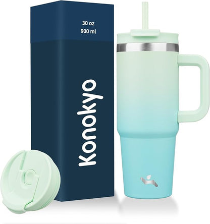 Konokyo 30 oz Insulated Tumbler Water Bottle with Handle, Straw Lid | BPA-free and dishwasher safe; made for gym, travel, coffee and gifting, 2 straws, cup holder friendly,Mint