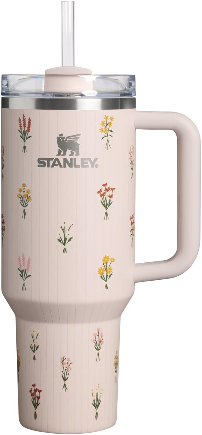 STANLEY Quencher H2.0 Flow State Tumbler, 40 oz, Rose Quartz Bouquets | Handle and Straw | 3-Position Lid | Cup Holder Compatible for Travel | Insulated Stainless Steel Cup | BPA-Free