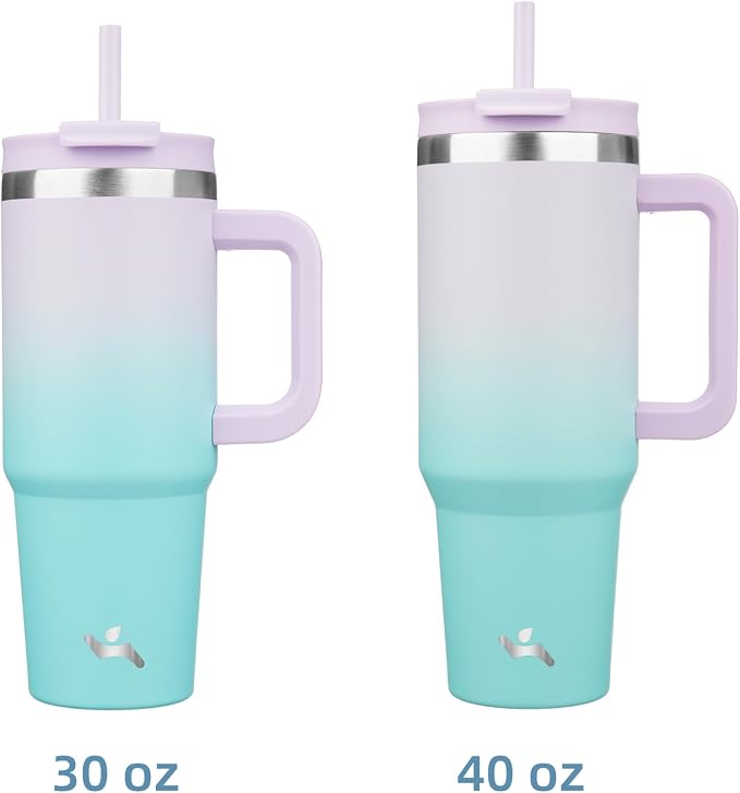 Konokyo 30 oz Insulated Tumbler Water Bottle with Handle, Straw Lid | BPA-free and dishwasher safe; made for gym, travel, coffee and gifting, 2 straws, cup holder friendly,Lavender Green