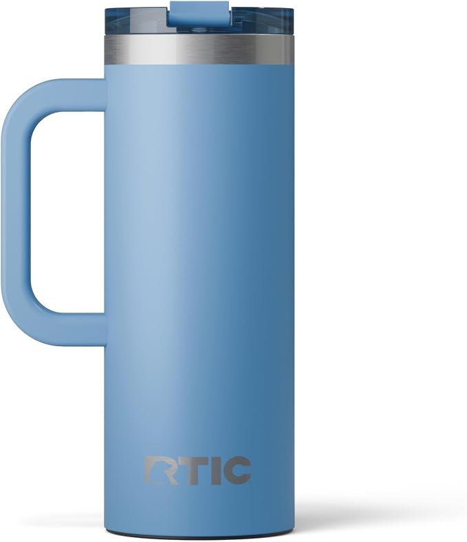 RTIC 20oz Road Trip Travel Mug with Lid and Handle, Insulated, Stainless Steel, Metal, Double Wall Vacuum-Insulation, Ceramic Lined, Portable Coffee, Tea Cup for Hot and Cold Drink, Denim