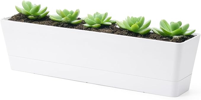 GREANER 16x3.8 Inch Window Boxes Planters, 1PCS White Vegetable Herb Planters with Tray, Indoor Succulent Cactus Flowers Plastic Rectangle Pot for Balcony, Office, Garden, Outdoor, Windowsill