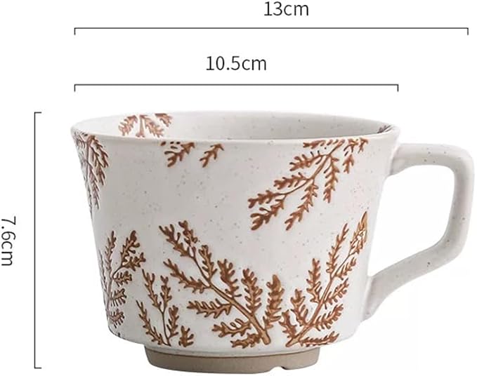 Small Ceramic Mug 1 pc, 11oz - Vintage Coffee Mug, Pottery Cups for Milk, Latte, Cappuccino, Tea - Handmade Porcelain Dishwasher, Microwave Safe Stoneware Gift for Women Men, Brown Leaf