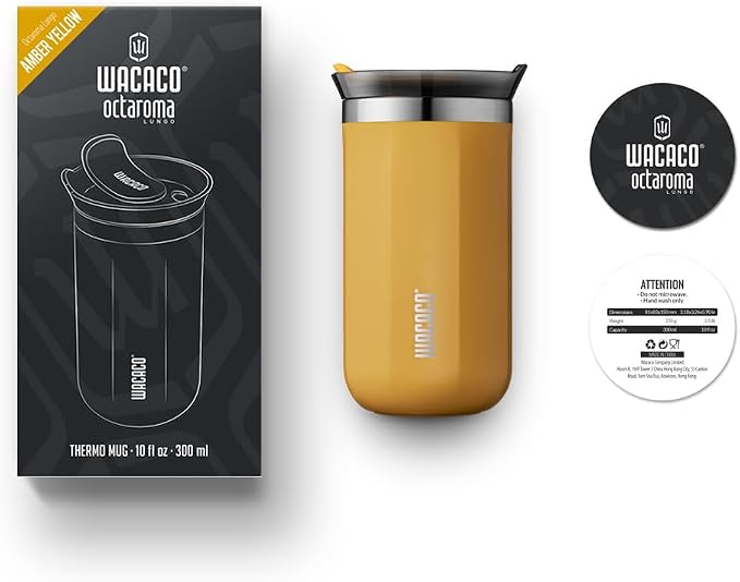 WACACO Octaroma Lungo Vacuum Insulated Coffee Mug, Double-wall Stainless Steel Travel Tumbler With Drinking Lid, 10 fl oz(300ml)， Amber Yellow