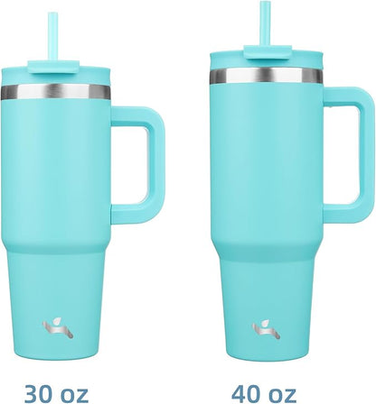 Konokyo 30 oz Insulated Tumbler Water Bottle with Handle, Straw Lid | BPA-free and dishwasher safe; made for gym, travel, coffee and gifting, 2 straws, cup holder friendly,Turquoise