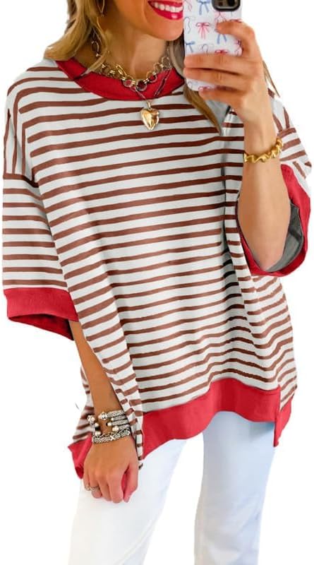 SHEWIN Womens Tops Casual Short Sleeve Sweatshirt Crewneck Striped Shirt Pullover T Shirts Loose Blouses