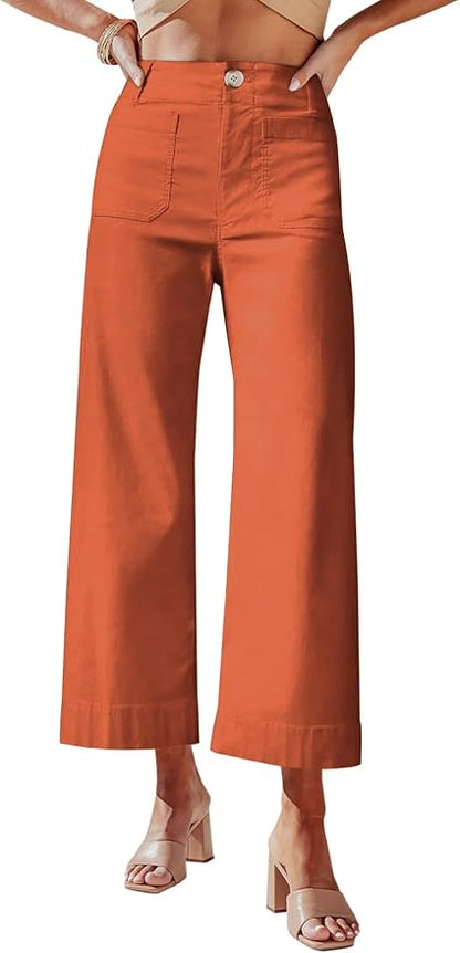 miduo Womens High Waisted Cropped Wide Leg Stretchy Straight Pants Trousers with Pockets