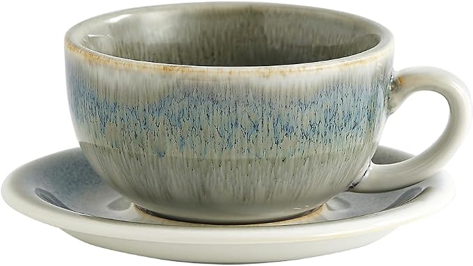 Coffeezone Vintage Design 12 oz Ceramic Latte Art Cappuccino Barista Cup with Saucer (Space Grey)