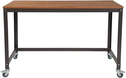 Flash Furniture Livingston Collection Computer Table and Desk in Brown Oak Wood Grain Finish with Metal Wheels