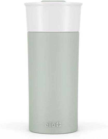 Ello Ogden 16oz Ceramic Travel Mug with Slider Lid and Sleeve, Honeydew | Splash-resistant ceramic travel mug with slider lid and protective silicone sleeve. BPA-free, great for coffee and tea.