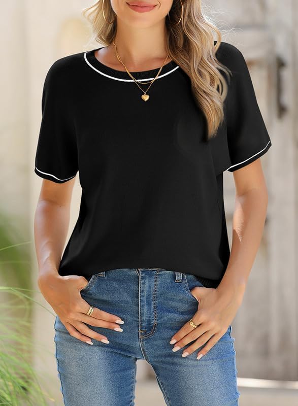 SHEWIN Womens Tops Trendy Short Sleeve Shirts Crewneck Lightweight Knit Sweater Top Business Casual Outfits