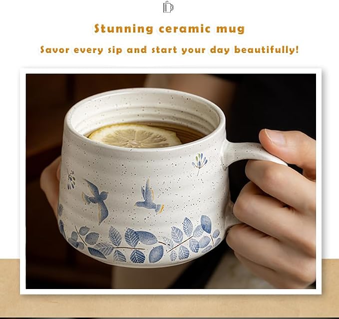 Ceramic Coffee Mug, 13oz Floral Design Pottery cute mugs, Ideal Gift for Women unique vintage pretty coffee mugs (Bluebell Mug)