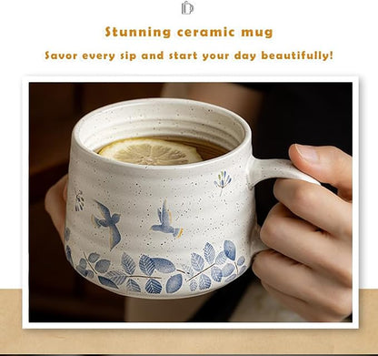 Ceramic Coffee Mug, 13oz Floral Design Pottery cute mugs, Ideal Gift for Women unique vintage pretty coffee mugs (Bluebell Mug)