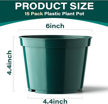 BTPLASTIK 15 Pack 6 Inch Plant Pots with Drainage Holes, Sturdy Plastic Nursery Pots for Plants, Thickened Flower Pots for Indoor Outdoor Planting Transplanting, Succulents, Seedlings, Green