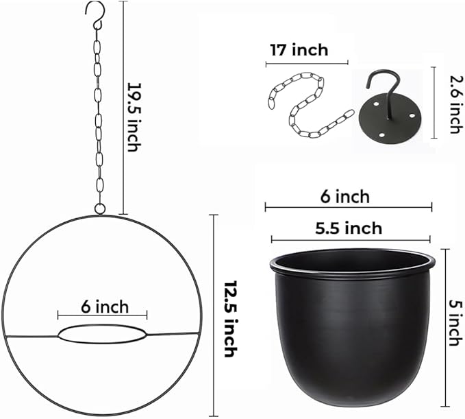 Hanging Planters for Indoor Plants with 5.5" Pot + Ceiling Hook + Extender Chain | Hanging Plant Holder, Metal Minimalist Planter, NO Plant incld