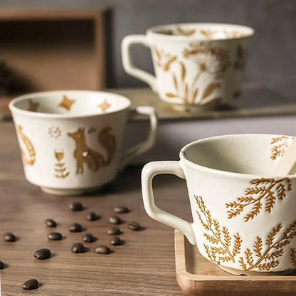 Small Ceramic Mug 1 pc, 11oz - Vintage Coffee Mug, Pottery Cups for Milk, Latte, Cappuccino, Tea - Handmade Porcelain Dishwasher, Microwave Safe Stoneware Gift for Women Men, Brown Leaf