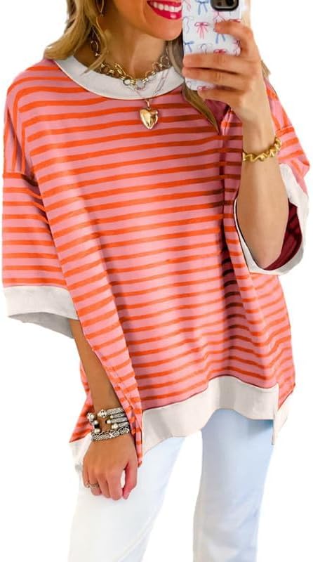 SHEWIN Womens Tops Casual Short Sleeve Sweatshirt Crewneck Striped Shirt Pullover T Shirts Loose Blouses