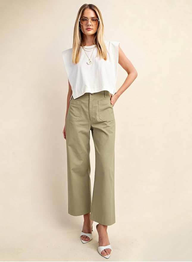 miduo Womens High Waisted Cropped Wide Leg Stretchy Straight Pants Trousers with Pockets