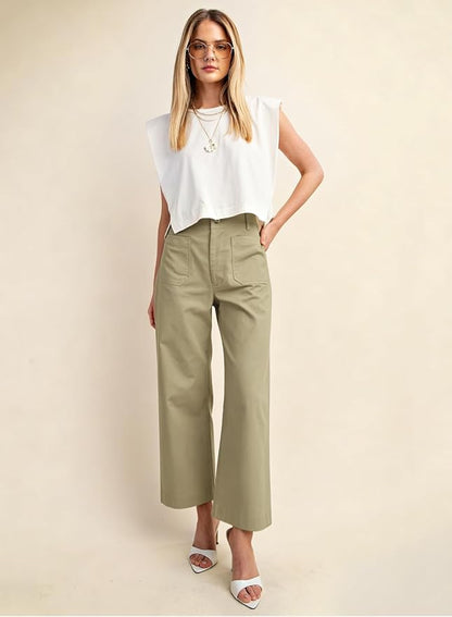 miduo Womens High Waisted Cropped Wide Leg Stretchy Straight Pants Trousers with Pockets