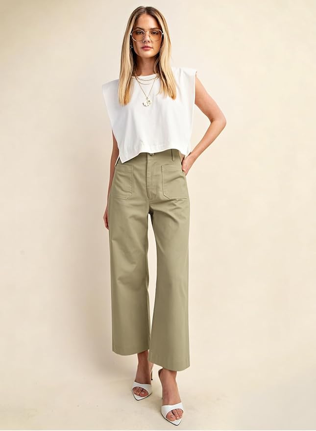 miduo Womens High Waisted Cropped Wide Leg Stretchy Straight Pants Trousers with Pockets