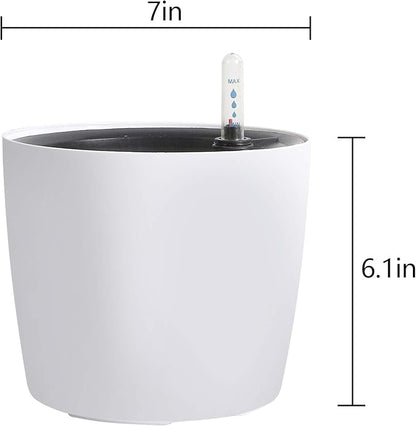 KINJOEK 3 Packs 7 Inch Self Watering Pot with Water Level Indicator, Modern Garden Decorative White Flower Pot, Flowers, African Violets, Succulents, White
