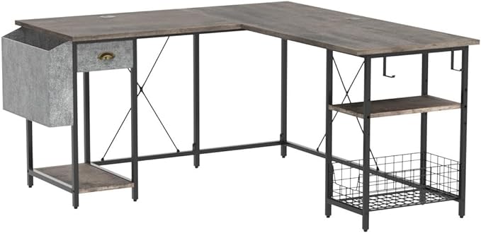 X-cosrack 2 Person Desk Large L-Shaped Computer Desk with Storage Shelves Drawer, Home Office Writing Corner Desk, Long Desk PC Laptop Workstation with Hooks Storage Bag Cable Hole
