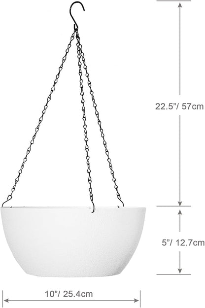 10 inch Hanging Planters for Outdoor Indoor Plants with Drainage Holes and Chain, 2 Pack Round Hanging Flower Plant Pots for Garden Home Porch Decor, White