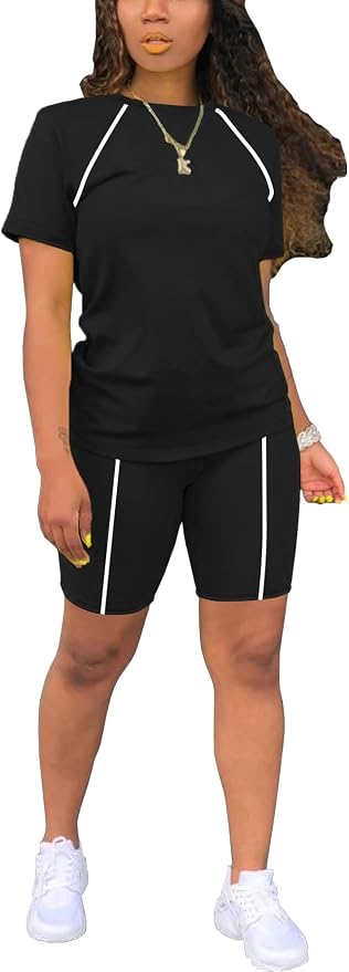 STOLKISS Women 2 piece Short Sets Classic Striped Outfits Summer Casual Short Sleeve T-Shirt and Short Jogger Tracksuits Sets