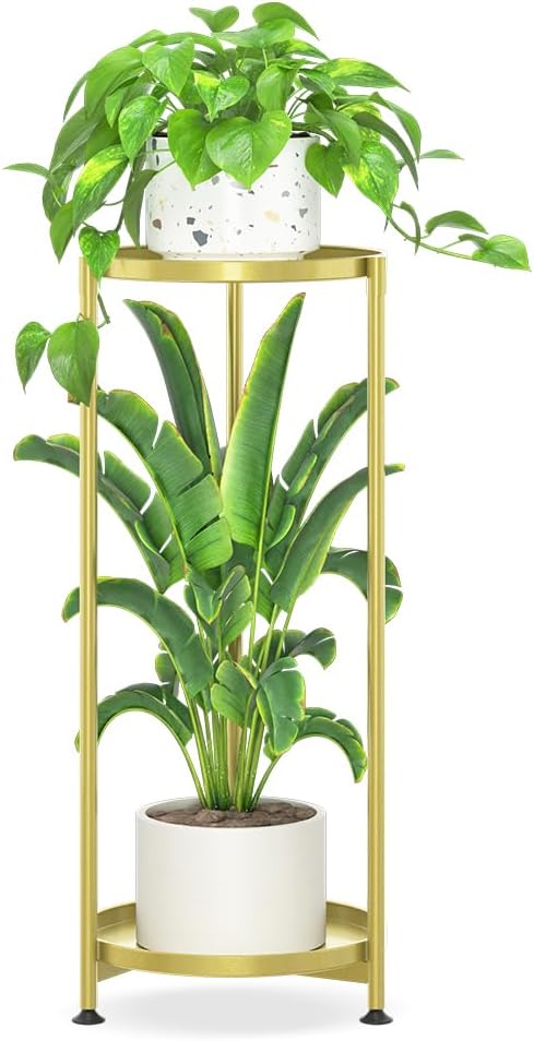 iDavosic.ly 2 Tier Corner Plant Stand Indoor, Tall Vertical Metal Flower Heavy Duty Pot Holder Shelf Outdoor for Patio Porch Living Room, Gold - Round