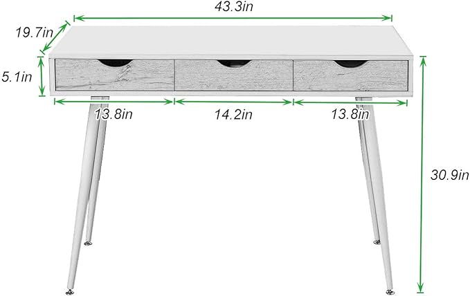 soges Mid Century Desk with Drawers, 3-Drawer Writing Study Desk, 43.3 inches Home Office Computer Desk for Small Space, Multifunctional Vanity Table Desk, White