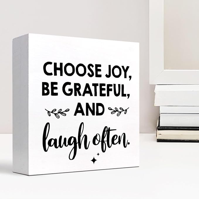 Inspirational Wood Box Sign Desk Decor,Choose Joy Be Grateful and Laugh Often Wood Plaque Signs,Rustic Positive Wooden Block Sign Decor for Office Workplace Classroom Shelf Table Decoration C1078