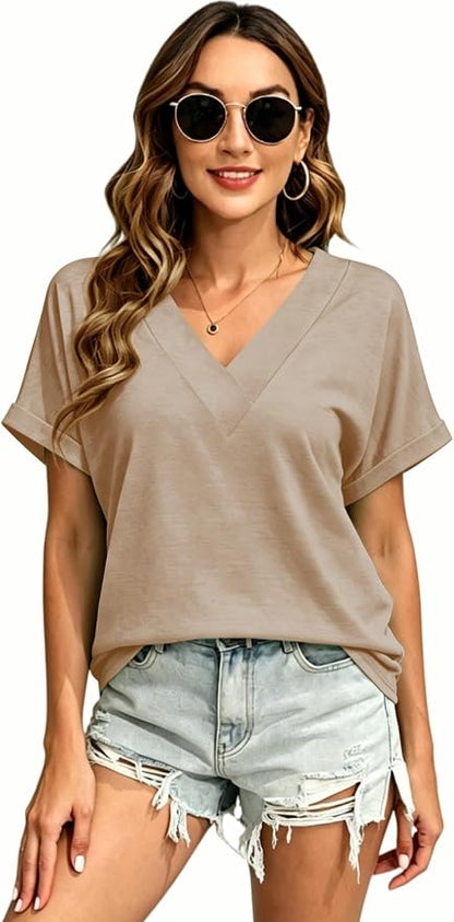 T Shirts Short Sleeve V Neck Tees Womens Tops Beach Vacation Fashion Clothes 2026 Casual Summer Spring Fall Outfits