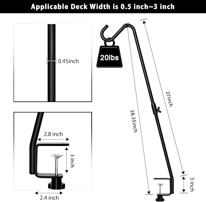 FEED GARDEN 2 Pack 29 Inch Adjustable Deck Hook,Solid Steel Deck Hangers for Bird Feeders,Lanterns, Flower Basket and Suet Baskets with Clamp,Black