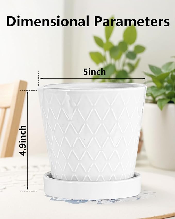 EFISPSS Flower Planter –5 inch Ceramic Plant Pots with Drainage Holes and Ceramic Tray - Gardening Home Desktop Office Windowsill Decoration Gift Set of 4 - Plants NOT Included (White)