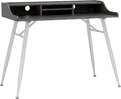 Calico Designs Woodford 45” Wide Modern, Secretary, Writing, Desk with Low Storage Hutch and Whtie Metal Tapered Legs in Marbled Dark Grey, White