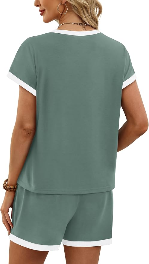 WIHOLL Two Piece Sets for Women Summer Lounge Short Sets Cap Sleeve Crew Neck Sweatsuit with Pocket XS-2XL