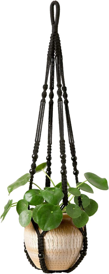 Mkono Macrame Plant Hanger Indoor Hanging Planter Basket with Wood Beads Decorative Flower Pot Holder No Tassels for Indoor Outdoor Boho Home Decor 35 Inch, Black, Set of 1 (POTS NOT Included)
