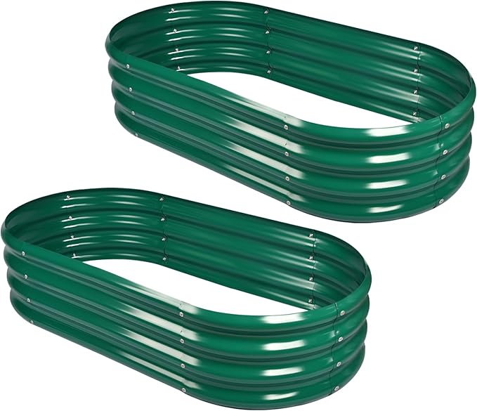 Land Guard 2Pcs Galvanized Raised Garden Bed Kit, Galvanized Planter Oval Large Metal Raised Garden Boxes Outdoor for Vegetables（Forest Green）
