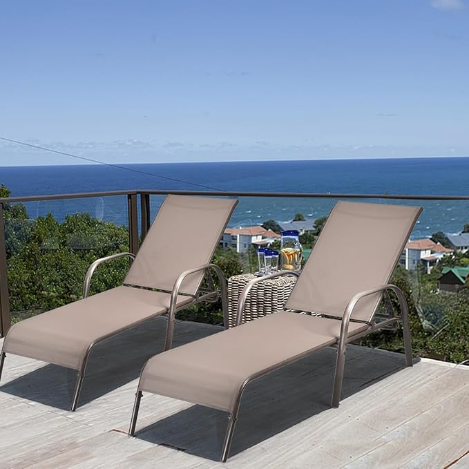 Giantex 2 Pack Patio Lounge Chair, Outdoor Chaise Lounge with 5 Adjustable Backrest, Sturdy Steel Frame, Sunbathing Recliner, Beach Chair, Tanning Chair for Outside, Yard, Balcony, Pool Chairs, Brown