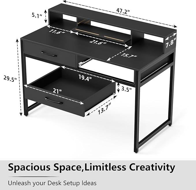 Computer Desk with Drawers, 47" Home Office Desk with Monitor Shelf, Writing Desk with Storage, Gaming Desk Work Desk Study Desk for Bedroom, Black