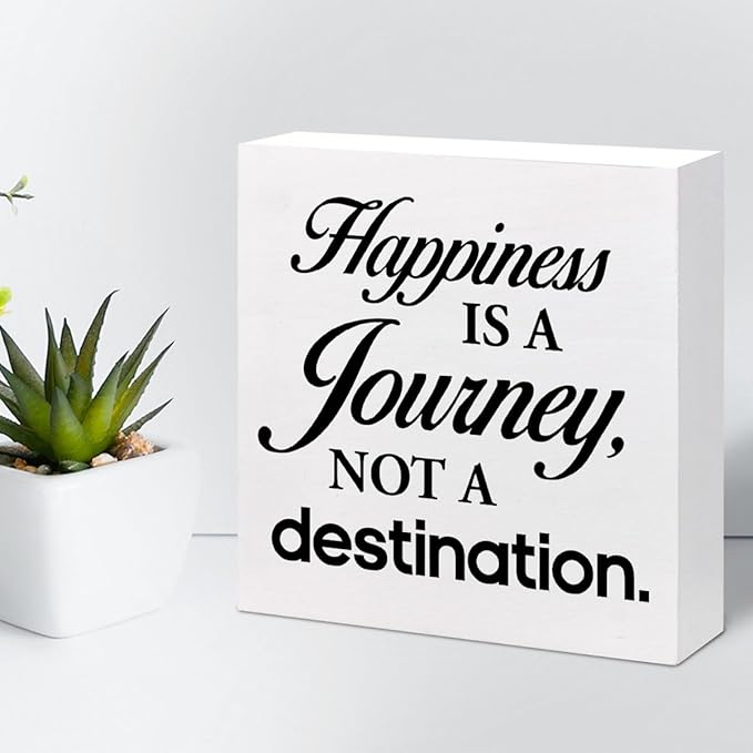 Motivational Wood Box Sign Desk Decor,Happiness is a Journey not a Destination Wood Plaque Signs,Rustic Wooden Block Sign Decor for Home Office Shelf Table Decoration C1081