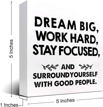 Motivational Wood Box Sign Desk Decor,Dream Big Work Hard Stay Focused Wood Plaque Signs,Rustic Positive Wooden Block Sign Decor for Office Workplace Classroom Shelf Table Decoration C1077